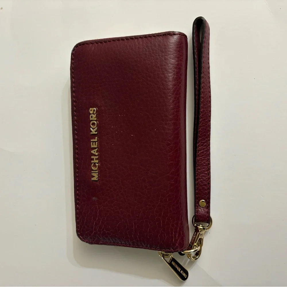 Michael Kors Burgundy Leather Zip-Around Wristlet/Wallet